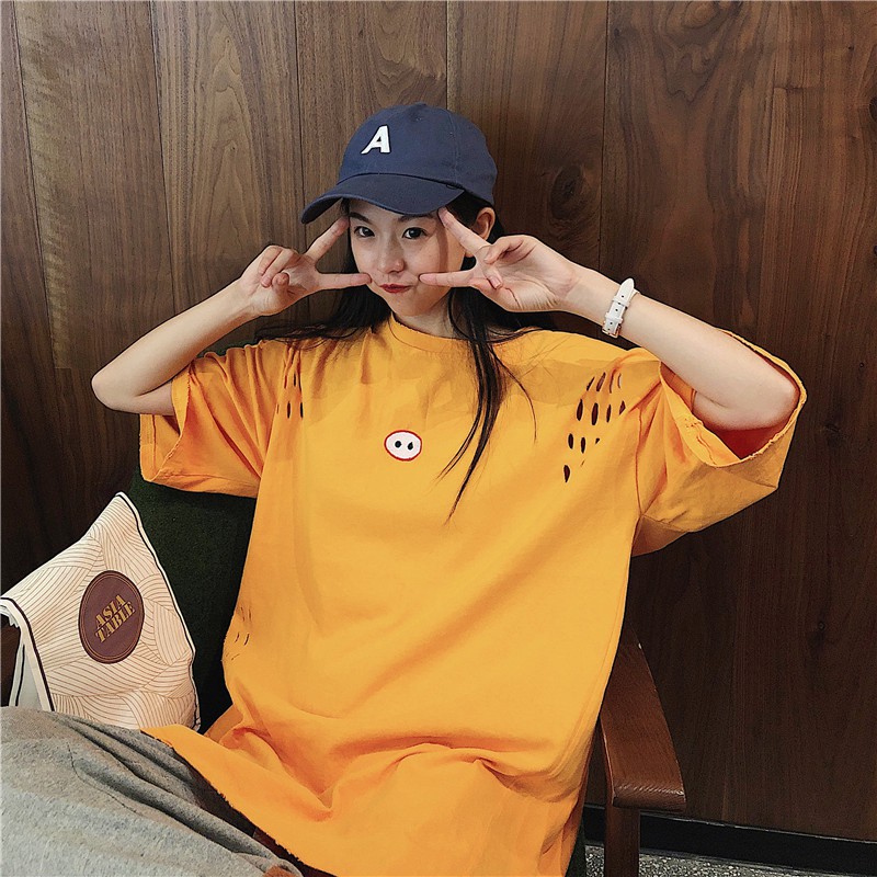 希希家 [新品搶鮮] 破洞半袖T恤 寬鬆T恤 素色T恤 中長款 oversize短袖T恤 百搭T恤 正韓上衣 女生衣著