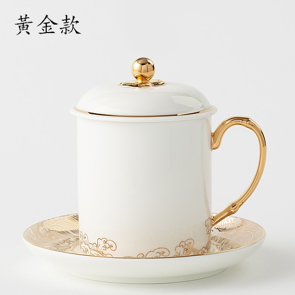 5Cgo國瓷陶瓷馬克杯辦公室會議水杯帶蓋茶杯金磚手工手繪禮盒裝釉中彩鉑金黃金會議杯強化瓷優雅簡約558405931705
