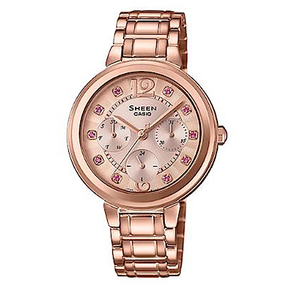 原廠公司貨以經典三針三眼設計，大型阿拉伯數字搭配施華洛世奇®元素時刻設計 錶帶採用不鏽鋼材質輔以玫瑰金離子IP處理，綻放耀眼金屬光澤料號:SHE-3048PG-4BUDR