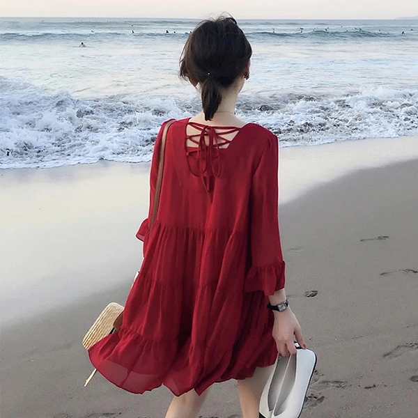 Qmigirl 超仙七分袖裙子旅行度假紅色連身裙 洋裝【WT1243】