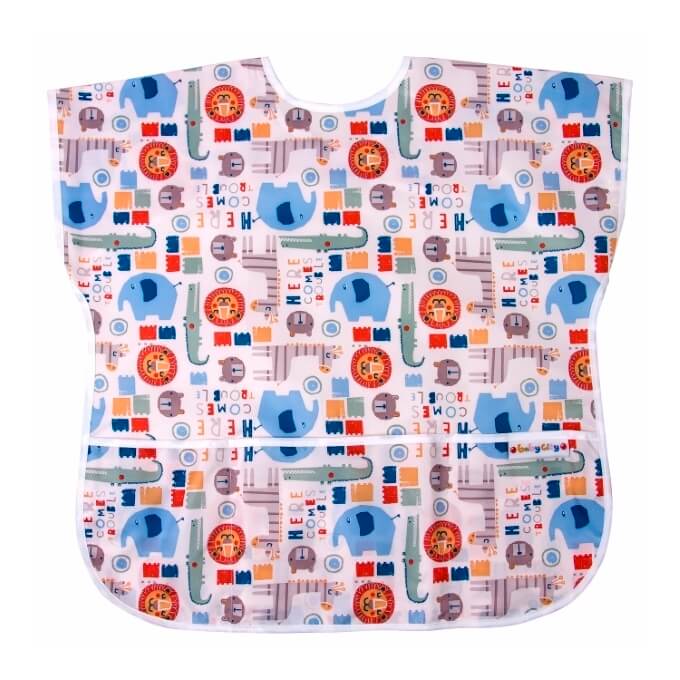 適合1-3歲，蓋袖設計，肩膀也不會弄髒!使用防水布料製成， 能防止湯汁弄髒衣服，寬口袋能接住掉落的食物。可機洗，一般髒汙可用清水擦拭乾淨，清理容易。頸圍可調節，穿戴方便。收納袋設計，減少體積攜帶更方便