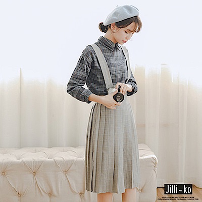 Jilli-ko 格子百摺吊帶裙-灰