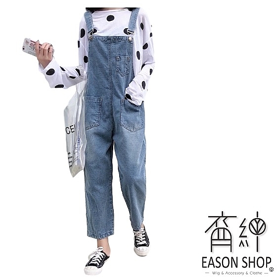 EASON SHOP實拍水洗丹寧磨白做舊可調式肩帶吊帶牛仔褲女高腰長褲直筒九分褲休閒褲連身褲