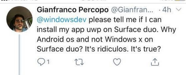 雖然安裝的是Android系統，但微軟官方帳號說Surface Duo可以執行Windows UWP應用程式？