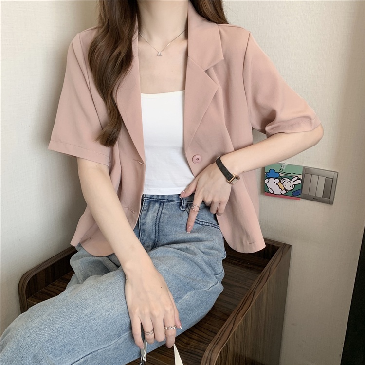 【優美依戀】夏季短袖西裝外套女 短版小西服 薄款上衣 ins女裝開衫 短袖 韓風小西服 高腰顯瘦外搭上衣