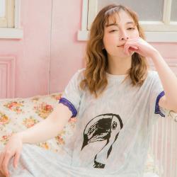 lingling日系 氣質迷人手繪大嘴鳥牛奶絲短袖連身裙睡衣(全尺碼,共二色)