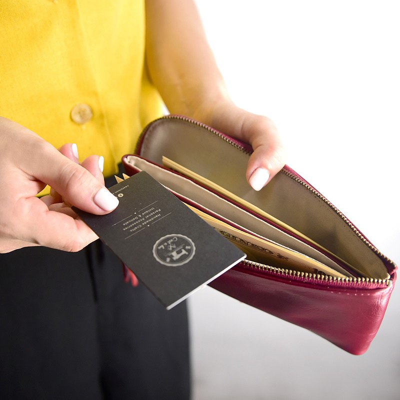 【職人皮革】真皮L型拉鍊長夾-深玫紅