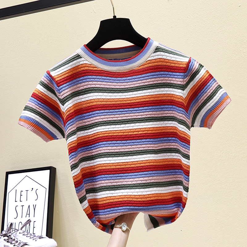 【現貨】泫雅風彩色條紋T恤 短袖T恤 正韓上衣 減齡百搭顯瘦上衣 學院風韓系上衣