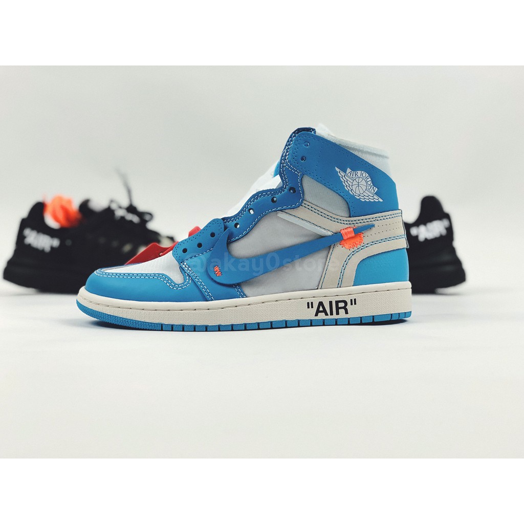 【A-KAY0】NIKE X OW 男女 AIR JORDAN 1 NRG 皮革X網布 白北卡藍【AQ0818-148】