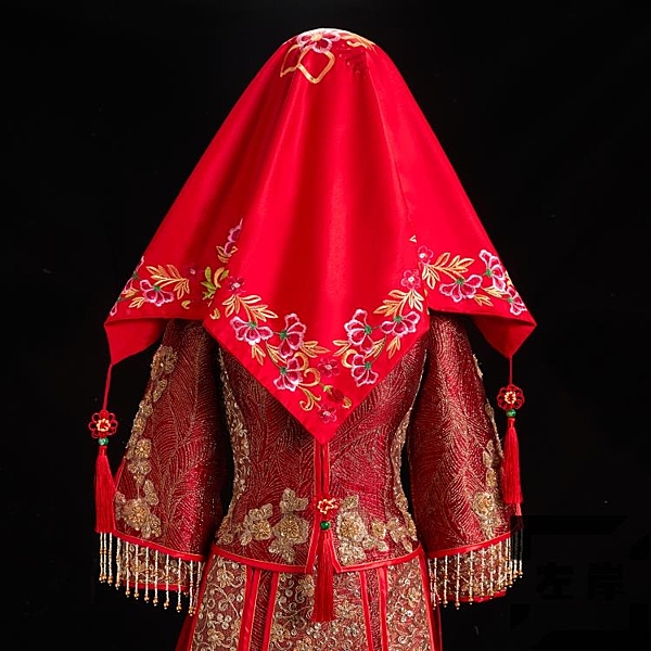 紅蓋頭古風紗秀禾結婚新娘中式龍鳳刺繡秀禾服蓋頭紗紅色流蘇喜帕