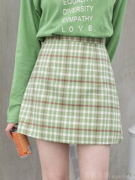 米蘭 奶茶綠格子裙女2019新款春季高腰a字半身裙復古韓版學生包臀短裙