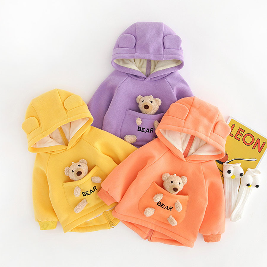 口袋小熊造型．厚磅內刷絨後拉鍊耳朵連帽上衣