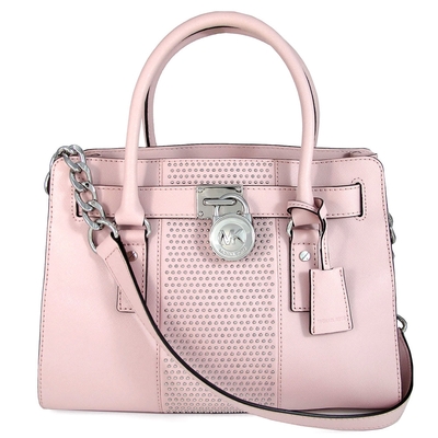 MICHAEL KORS Hamilton 銀鎖頭防刮皮革金屬配飾提肩兩用包(櫻花粉)