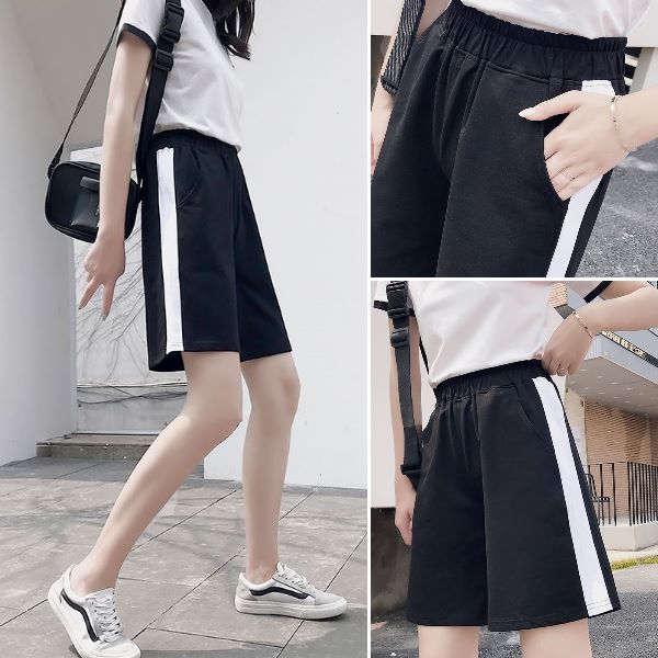 M-2XL實拍復古側邊白線條設計運動短褲bf風休閒高腰跑步寬鬆五分褲(單色黑色)-優美依戀