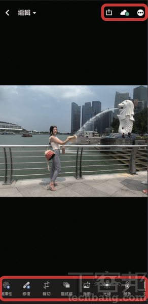 1.匯入相片後，正中間即是「圖片編輯預覽區」、下方是「編輯工具」、右上方圖示由左至右分別是「退回/還原、共用/儲存、雲端備份、進階設定」。