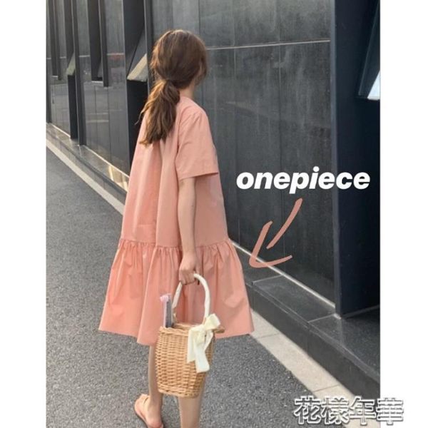 寬鬆韓版a字連身裙女 小清新粉色短袖娃娃裙夏季 花樣年華