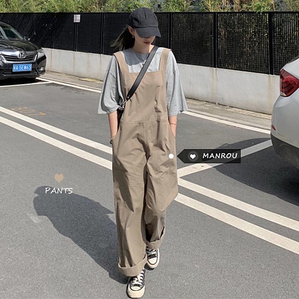 夏季2020新款韓版寬鬆顯瘦減齡背帶褲女薄款高腰工裝直筒闊腿長褲