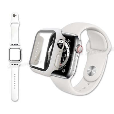 全包覆 Apple Watch Series SE/6/5/4 (44mm) 9H鋼化玻璃貼+錶殼+環保矽膠錶帶(白)