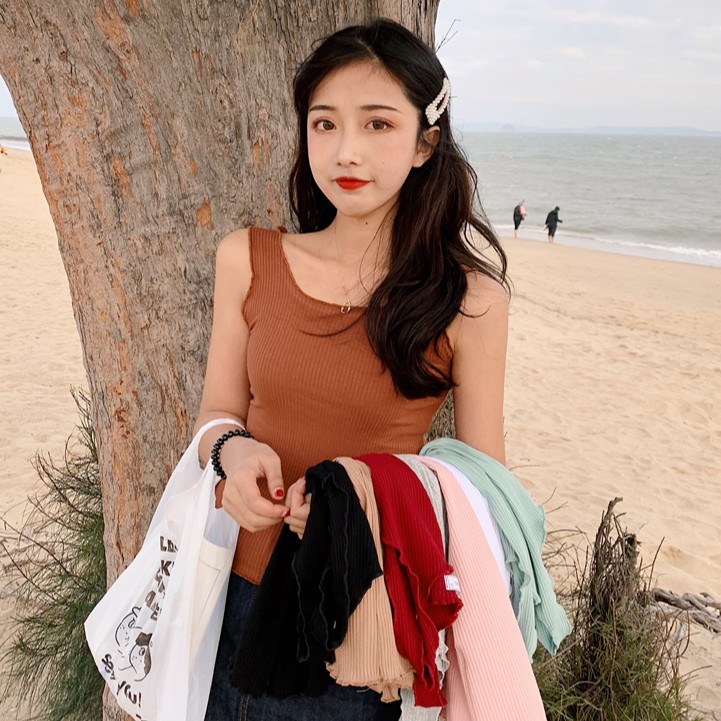 [現貨] 糖果色超甜美無敵背心 少女波浪花邊小清新純色素面百搭打底上衣韓系chic學院風圓領修身顯瘦打底衫