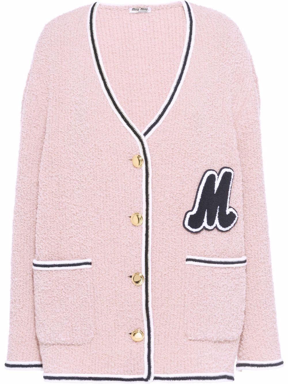 Miu Miu - logo-patch bouclé cardigan - women - Wool - 44 - Pink