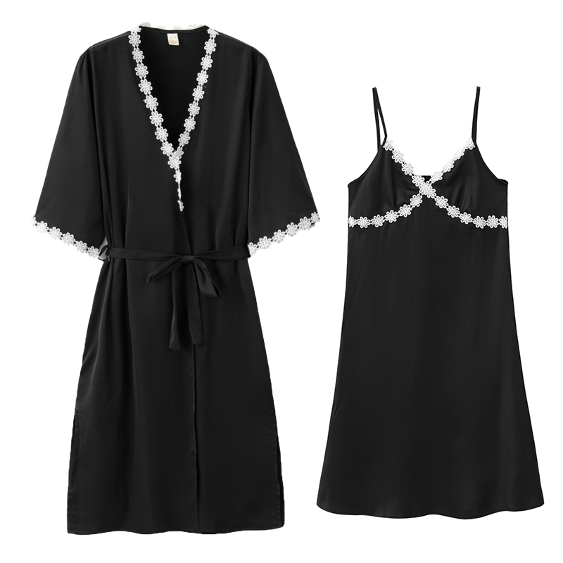 性感睡衣女夏季冰絲薄款蕾絲花邊長袖睡袍春秋絲綢吊帶睡裙兩件套