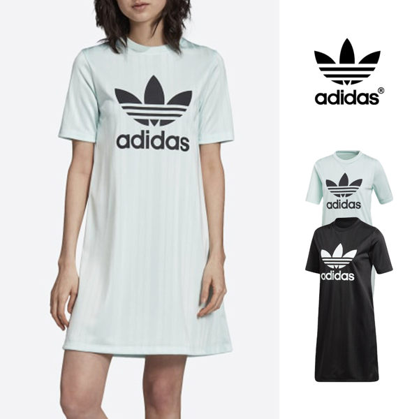 【GT】Adidas Originals 黑薄荷綠 洋裝 女款 運動 休閒 短袖 長版 連身裙 愛迪達 三葉草 直條紋 Logo