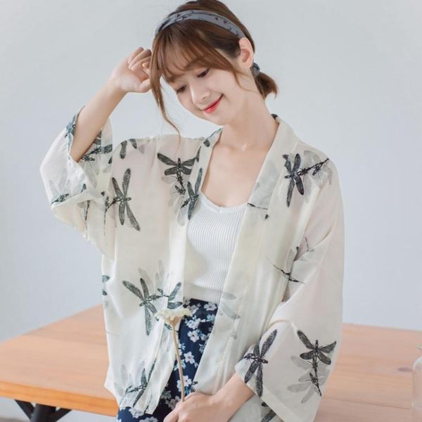 防曬衣 夏季日式和风雪纺防晒衫女短款超仙蜻蜓七分袖空调衫薄款开衫外套 玫瑰