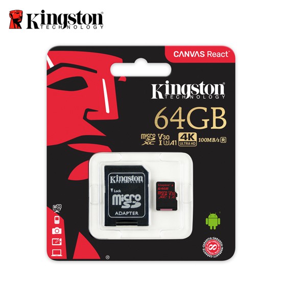 Canvas React感動瞬間 即刻珍藏Kingston 的Canvas React™ microSD 記憶卡設計旨在滿足您對速度的渴求，擷取 4K 影片，或是在動作尚未停止時，拍攝驚人的超高速連拍