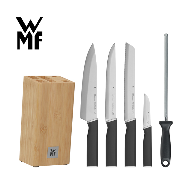 WMF KINEO 刀具六件套組 ( 含刀座 / 磨刀器 )【贈】 經典竹製砧板 38x25cm