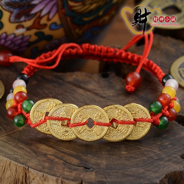 五帝錢滾錢手鍊(平結(jié))紅色《含開光》財神小舖【SLP5888-1】