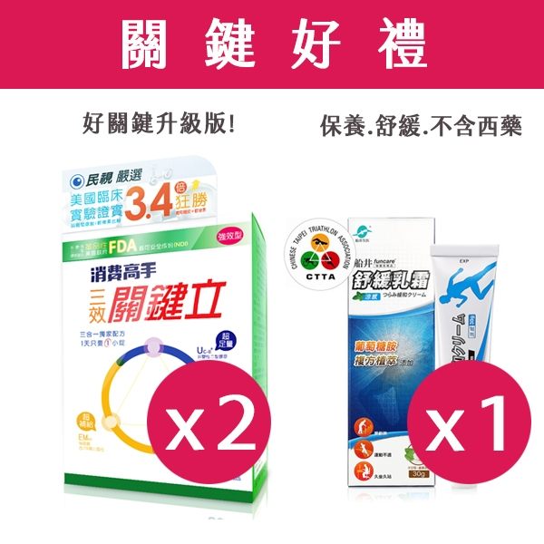 【禮盒】消費高手三效關鍵立30錠強效型 好關鍵升級版 X2 + 船井 celadrin 適立勁舒緩乳霜涼感 30G X1