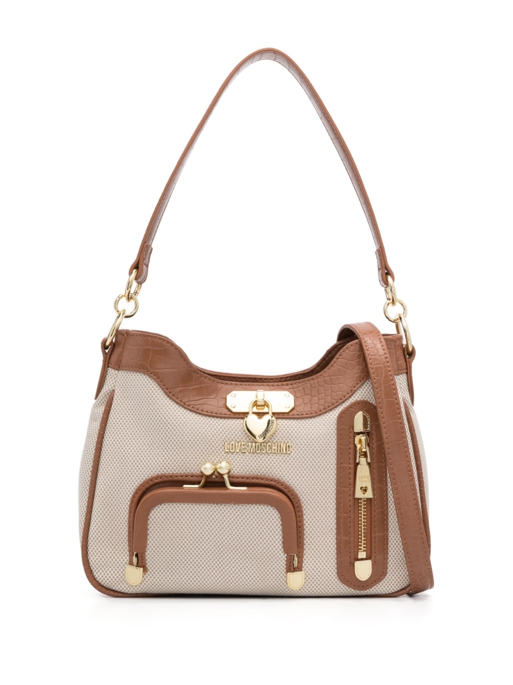 Love Moschino - zip-detail logo-plaque shoulder bag - women - Polyester/Cotton/PVC - One Size - Neutrals
