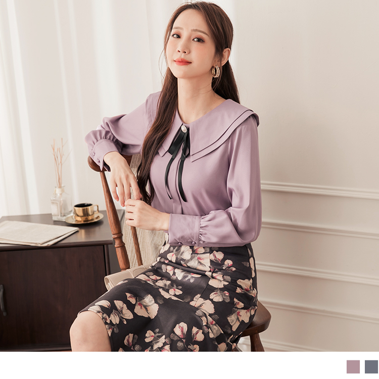 採用細緻柔軟的面料給予親膚好感穿著。 優雅層次造型娃娃領設計，打造迷人的品味氣息~ 可自由搭配閃耀珍珠蝴蝶結， 簡單勾勒出韓劇宮廷小奢華風格！ 此款2色，娃娃領領上衣，適合優雅OL上班穿搭、出遊約會穿