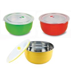 ◎經久耐用|◎密封效果佳|◎附透氣孔裝置，啟閉方便種類:調理碗主材質:不鏽鋼顏色:多色組合尺寸(cm):碗外徑20.5cm、高度19.4cm、蓋子外徑21.2cm重量(g):*適用於:限手洗體驗:不可