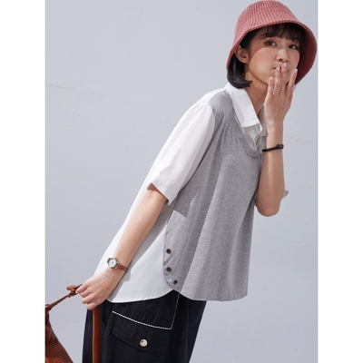 慢 生活 假兩件襯衫領馬甲造型拼接上衣- 灰/黑