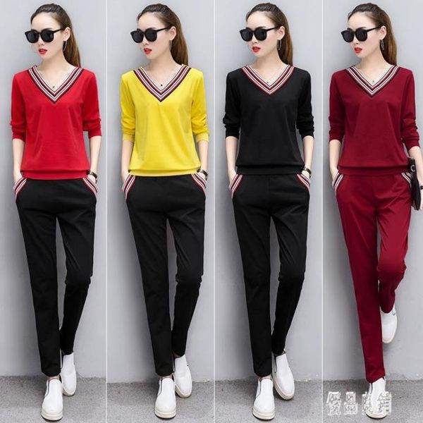 春秋季新款韓版潮女裝修身休閒兩件套V領長袖長褲運動服套裝