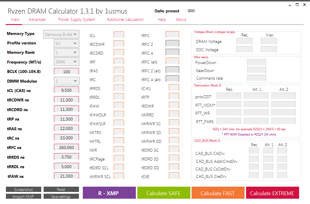 使用者請於 Ryzen DRAM Calculator 左方視窗灰框選擇記憶體顆粒版本，以及實際安裝狀態與等效時脈，左方第一排填入記憶體模組 SPD XMP 區段的時序資訊。（註：目前較建議玩家直接按下 R-XMP 載入數值。）