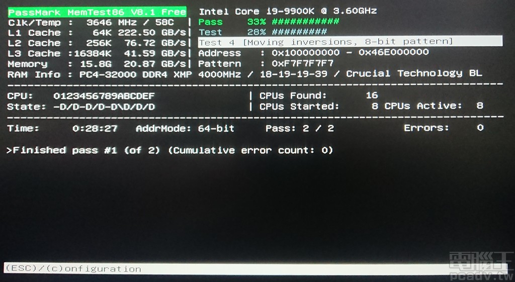 ▲ Ballistix Elite DDR4-4000 8GB 於 Intel 平台以 DDR4-4100 通過 MemTest 86 1Pass 翻拍畫面。