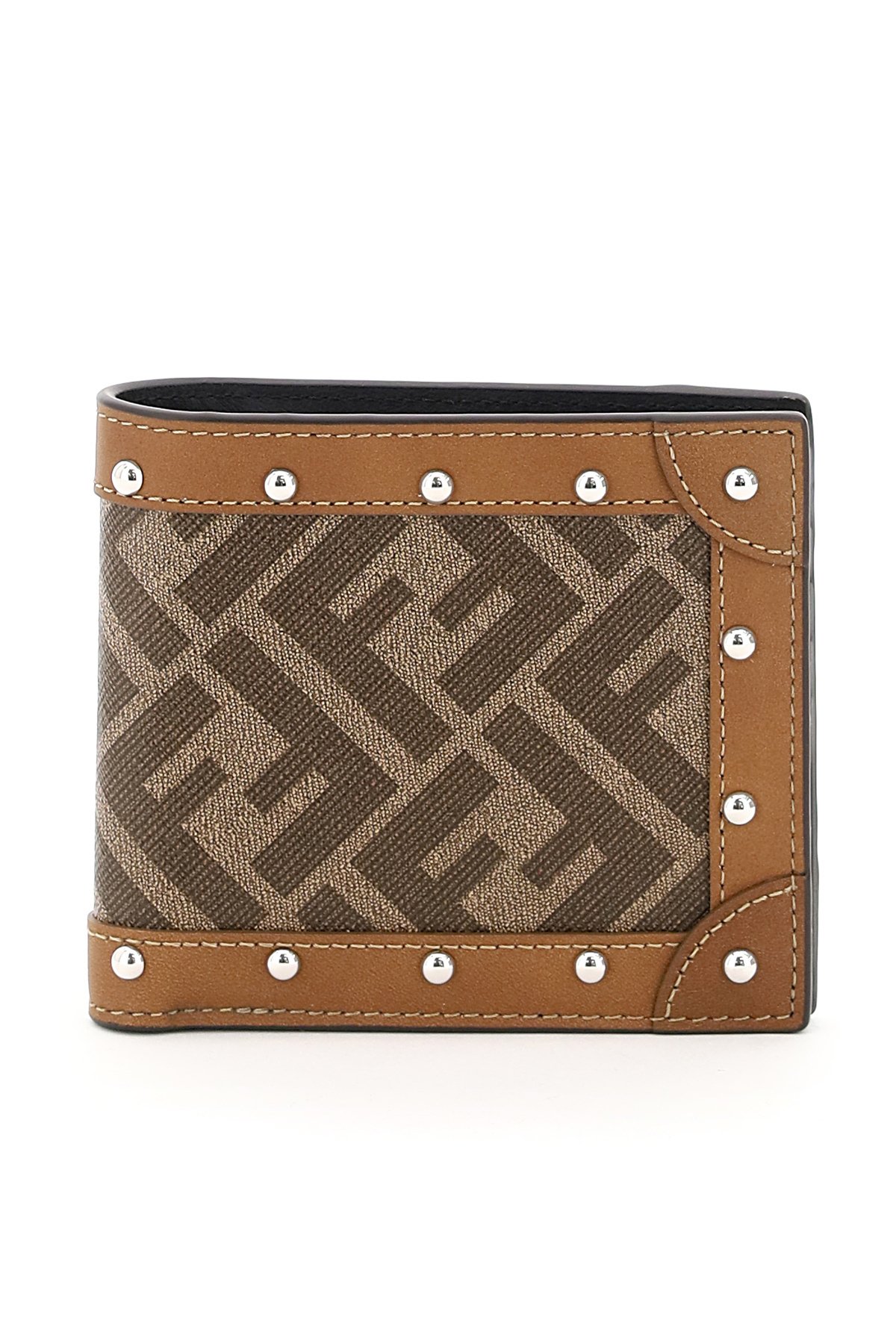 Fendi wallet made in the iconic FF fabric with leather trims decorated with silver-finish metal stud