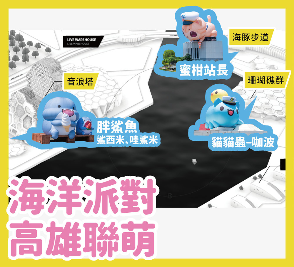「胖鯊魚鯊西米、哇鯊米」、「蜜柑站長」和「貓貓蟲–咖波」集合囉！快來高雄流行音樂中心，一起度過最萌的暑假！(圖片提供/高雄流行音樂中心；製圖/高市府新聞局)