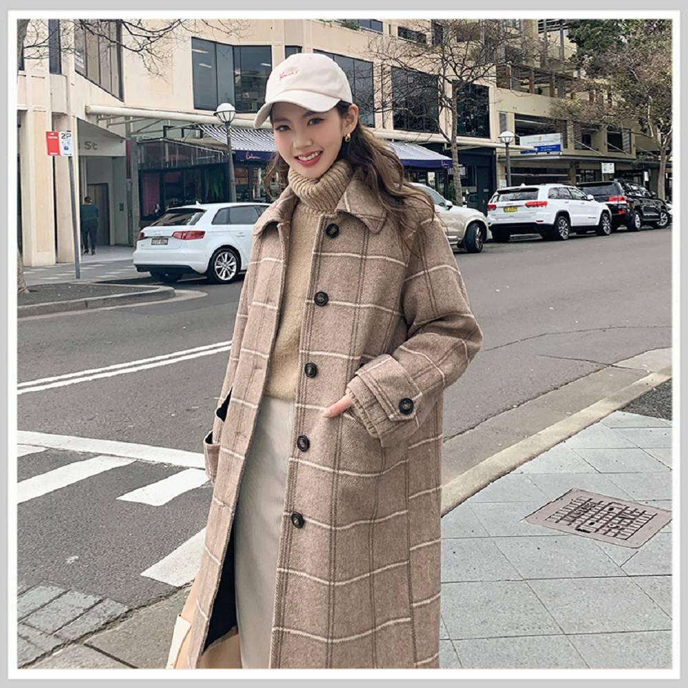 毛呢外套 翻領格紋質感毛呢長大衣JW13106-創翊韓都