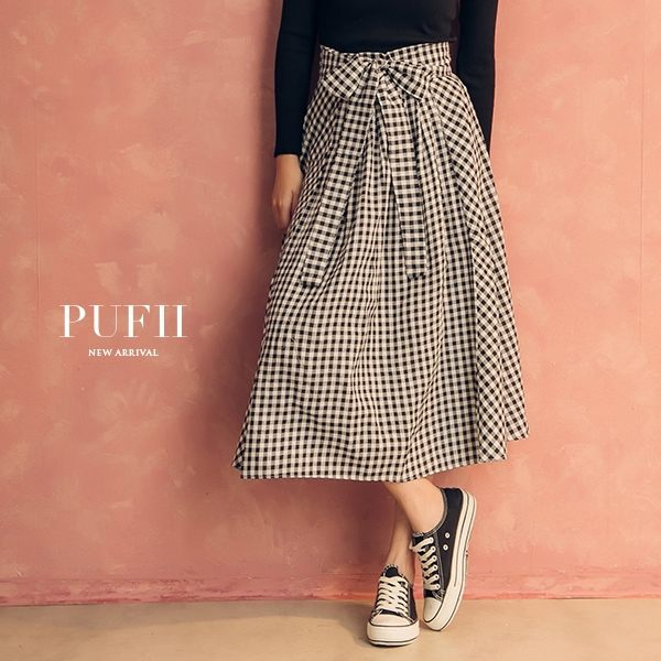 限量現貨★PUFII-中長裙 日雜黑白格顯瘦綁腰傘擺棉麻中長裙-0830 現+預 秋【CP14859】