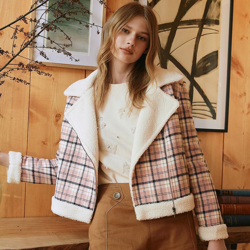 OUWEY歐薇 泰迪熊QQ毛格紋騎士風大翻領短版外套