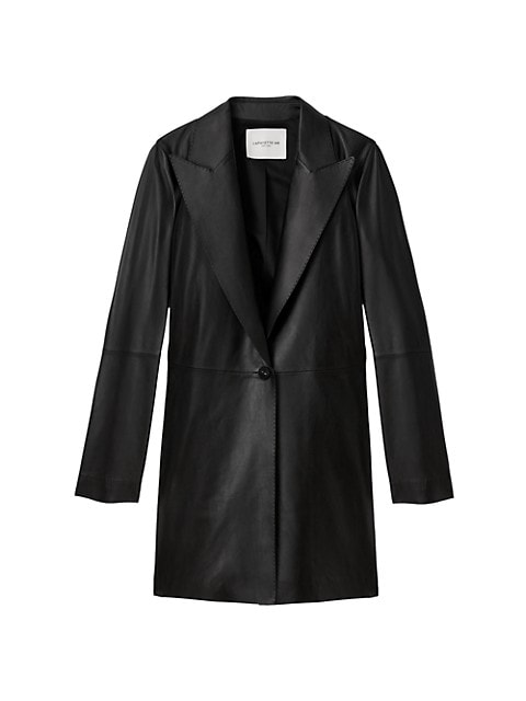 Timeless longline jacket crafted with rich leather.; Notched lapel; Long sleeves; Button closure; Le