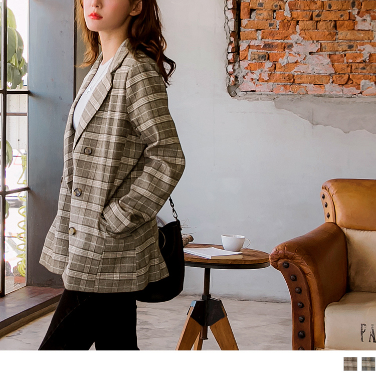 英倫復古格紋毛呢西裝外套