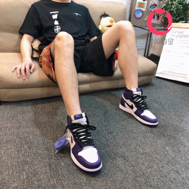 【台灣熱銷】博林體育Air Jordan 1 高筒皮面球鞋 休閒鞋平底鞋 男女 AJ1 乔丹1代篮球鞋 黑白紫脚趾 紫葡萄 黑紫