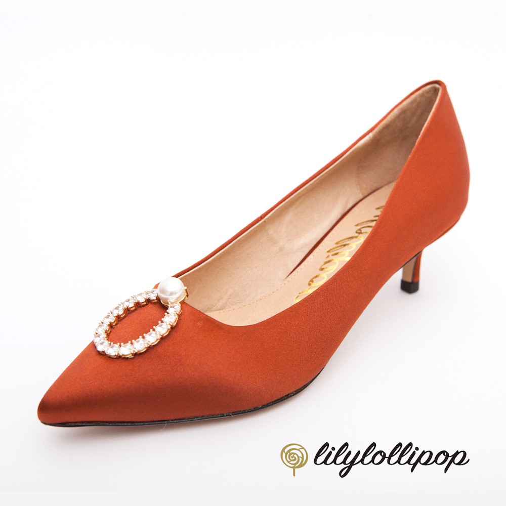 Pearl Ring 珍珠環緞面跟鞋--栗色