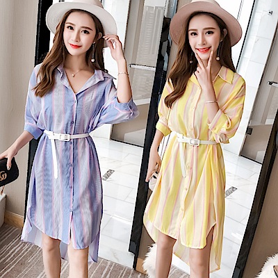 La Belleza彩色條紋排釦前短後長襯衫洋裝附皮帶