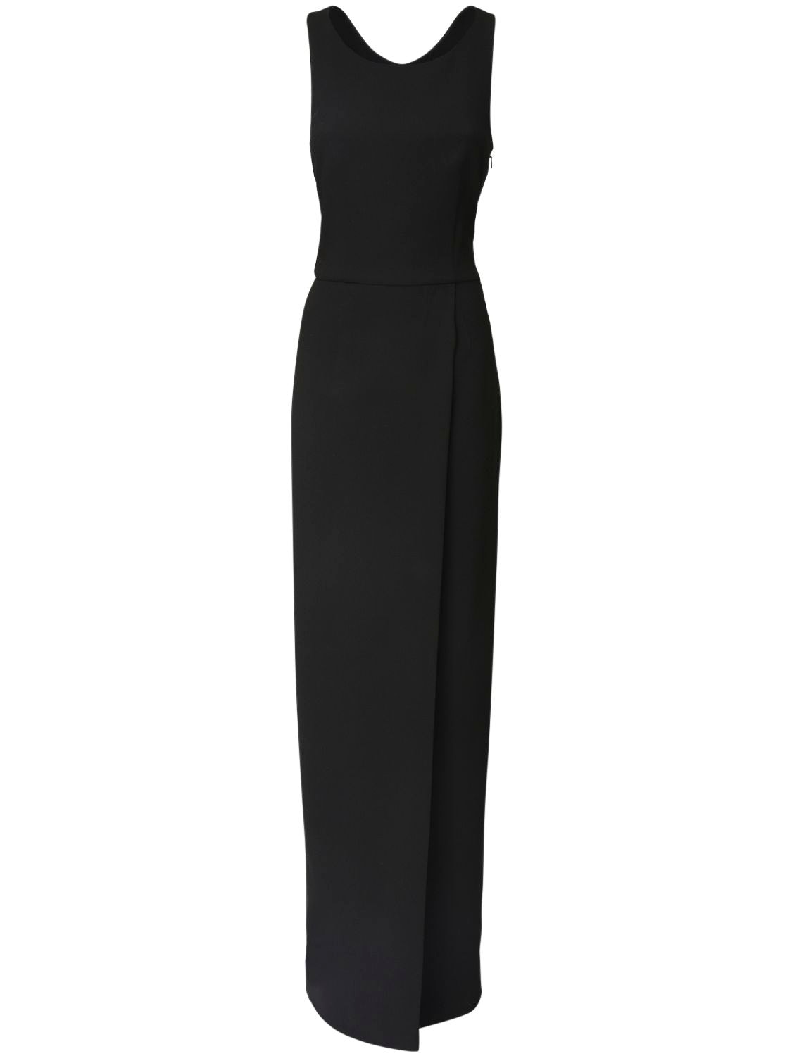 Round neckline. Sleeveless. Concealed side zip closure. Cutout back detail. Fitted waist. Front thig