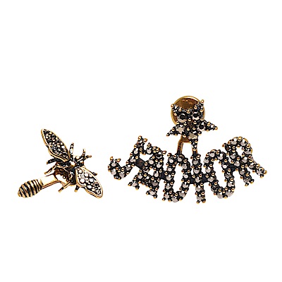 DIOR 經典J Adior系列鍍金復古金屬水鑽鑲飾不對稱蜜蜂造型穿式耳環(金)